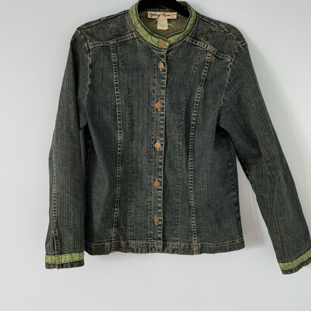 Cydney Mar Denim Jacket with Green & Gold Trim – Size M